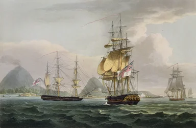 A captura da ilha de Banda, em 9 de agosto de 1810, gravada por Thomas Sutherland para as "Conquistas navais" de J. Jenkins, 1816 (gravura colorida)